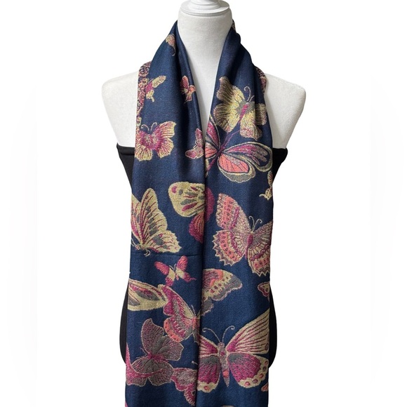 Blue Pink Fuchsia Gold Metallic Fringed Butterfly Shawl Wrap/ Scarf NEW - Picture 5 of 10